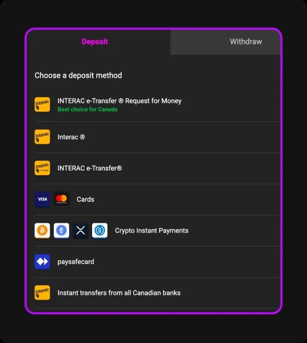 JackpotCity Canadian banking options including Interac