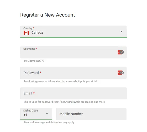 JackpotCity Canada account registration form